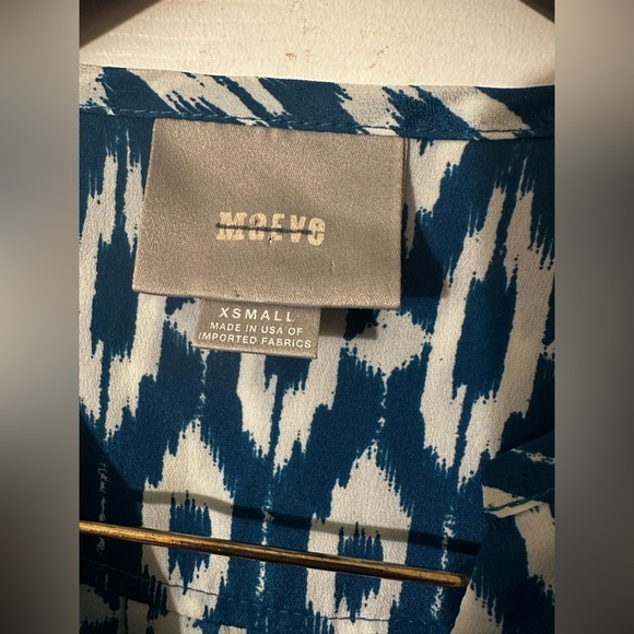 MAEVE Anthropologie Blue XS 3/4 Roll Tab Sleeve Ikat HiLo Belt V Neck Shirtdress - Picture 8 of 16